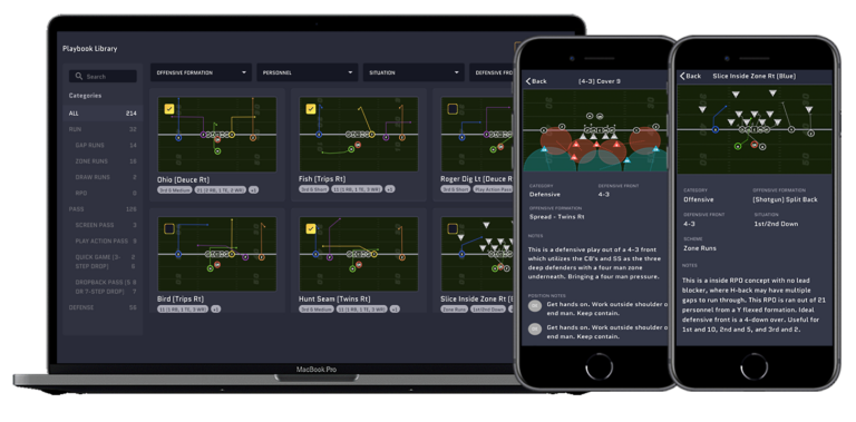 Team Nation Playbook Library Prebuilt Defense formation on computer and mobile phone screens